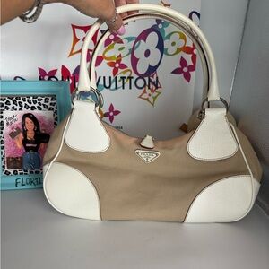 SOLD-Prada Beige and White Canvas Shoulder Bag